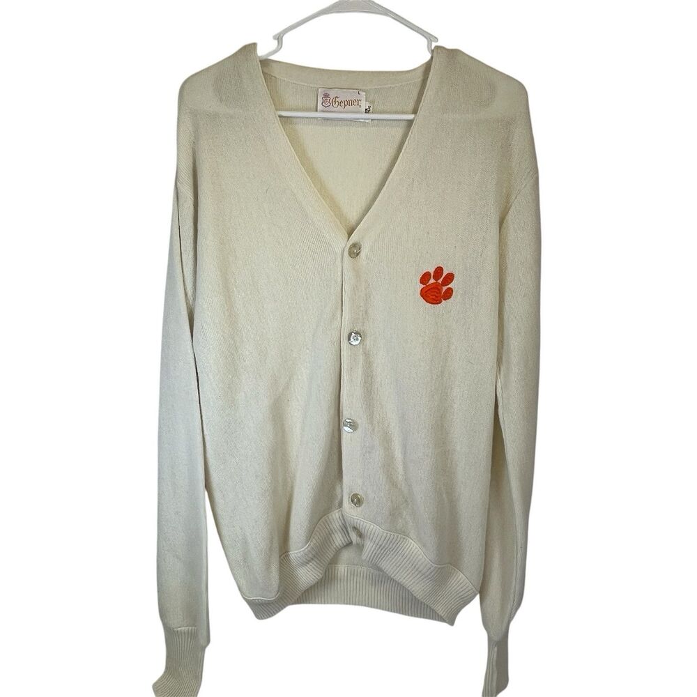 Vtg. 80's‎ Clemson Univ. Gepner Mens Cardigan Sweater White W/ Org Paw Sz Lg